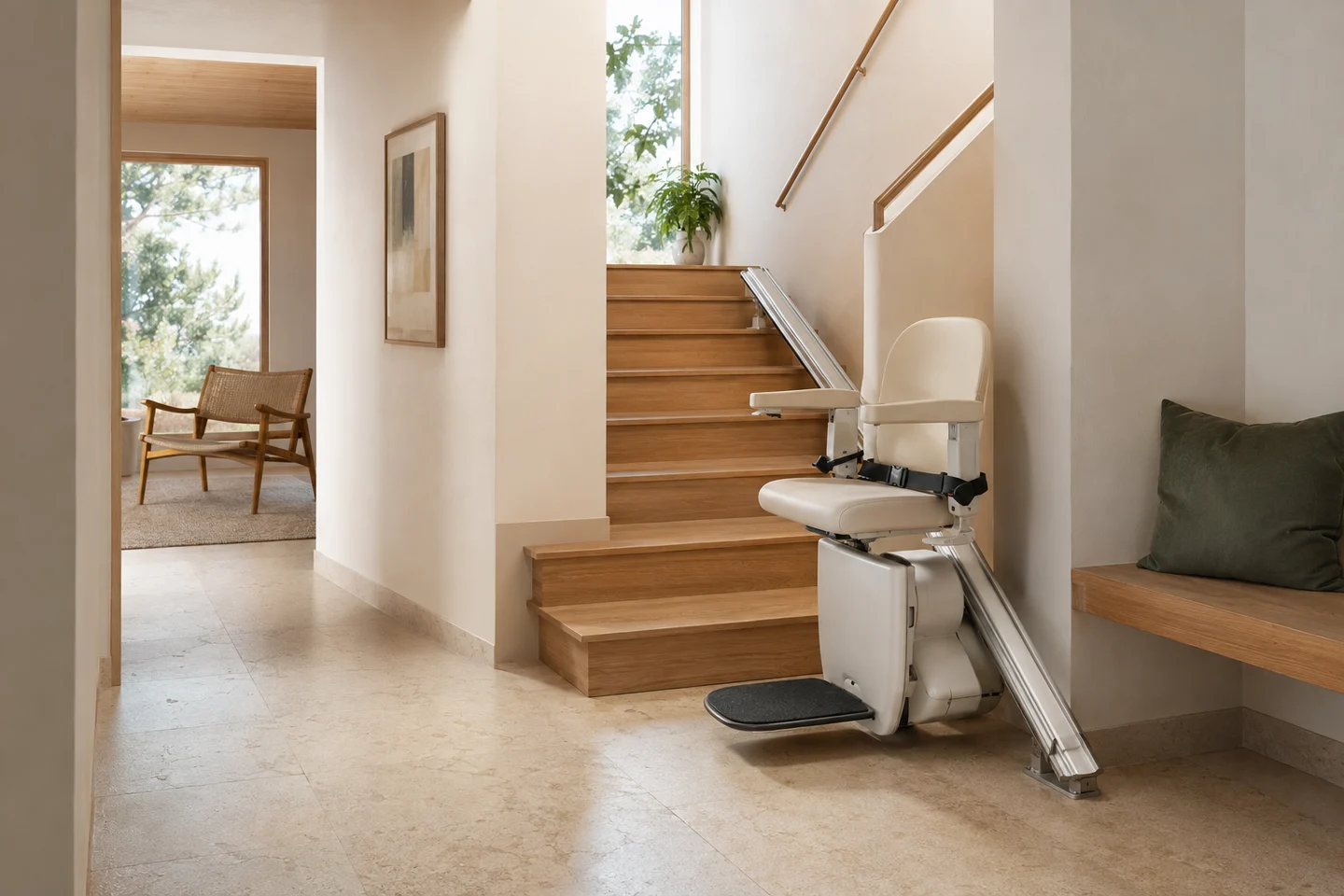 Illustration d’un fauteuil monte-escalier clair sur un rail longeant un escalier en bois